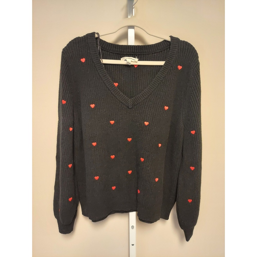Lucky‎ Brand Womens Black V-Neck Sweater Red Embroidered Hearts XL Pullover